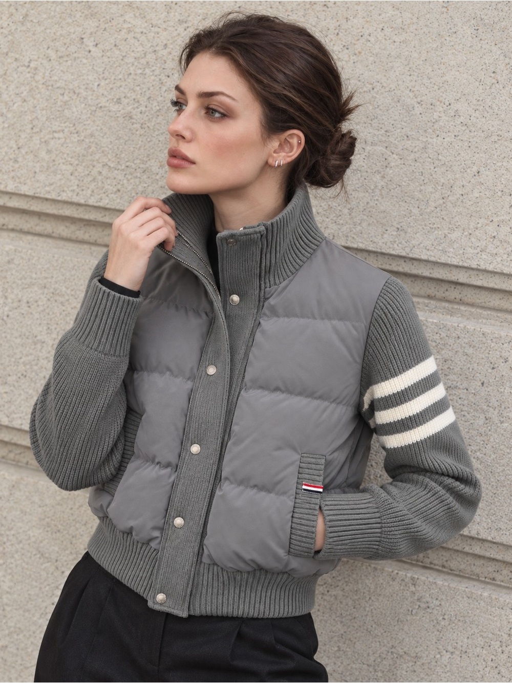 Thom Browne 4-Bar Knit Sleeve Down Puffer Jacket Grey Size 0
